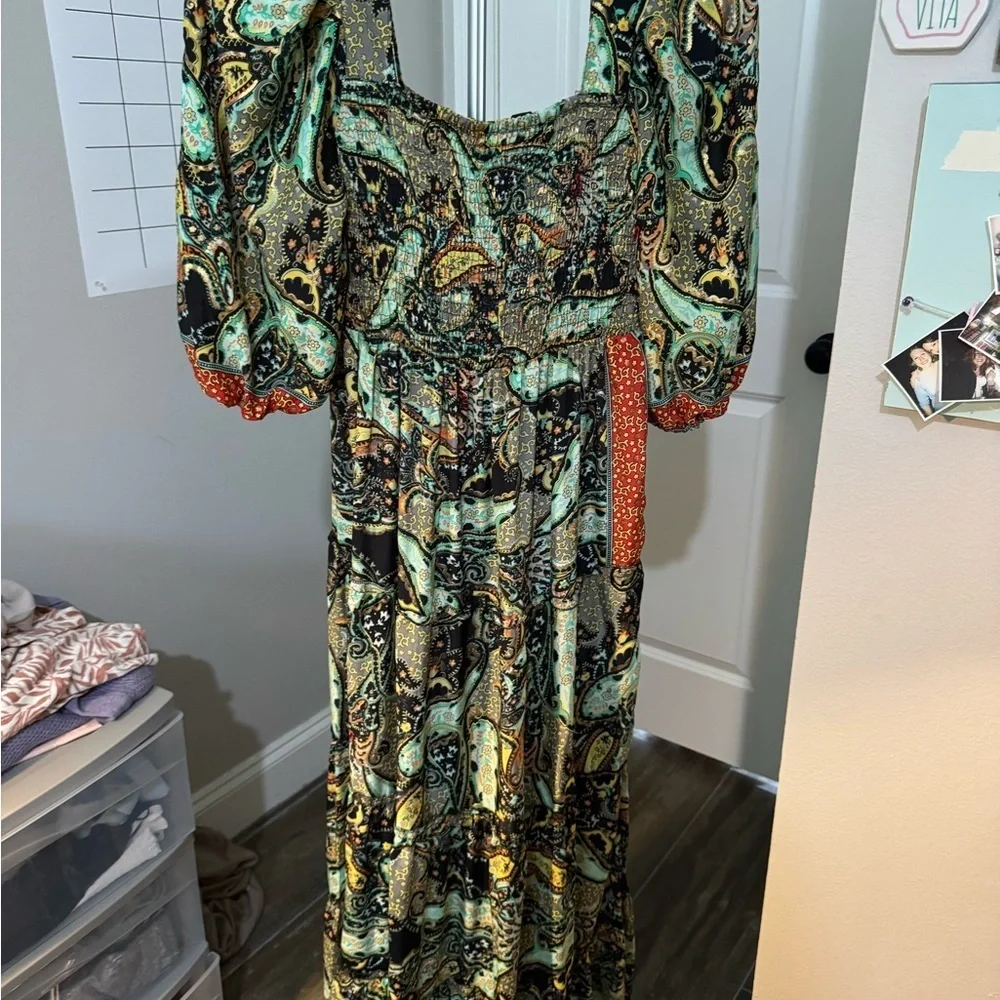 me 2 magic boho dress Me 2 Magic BOHO Paisley Hippie Long Flow Bright Color 3/4 Sleeve Dress Womens S